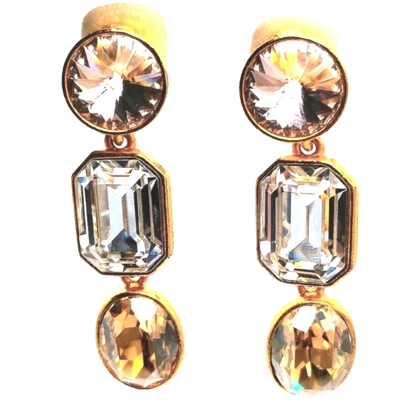 18K Oscar De La Renta Rose Clear Taupe Swarovski Crystals Clip on Drop Earrings - Picture 3 of 9